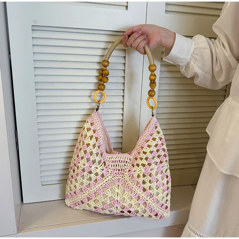 8 Stile Perlenbesetzte Häkel-Strick-Handtasche mit Farbblock-Design, Damen Sommer Hohlgeflochtene Handtasche, Leichte Lässige Strandtasche – Detail 9