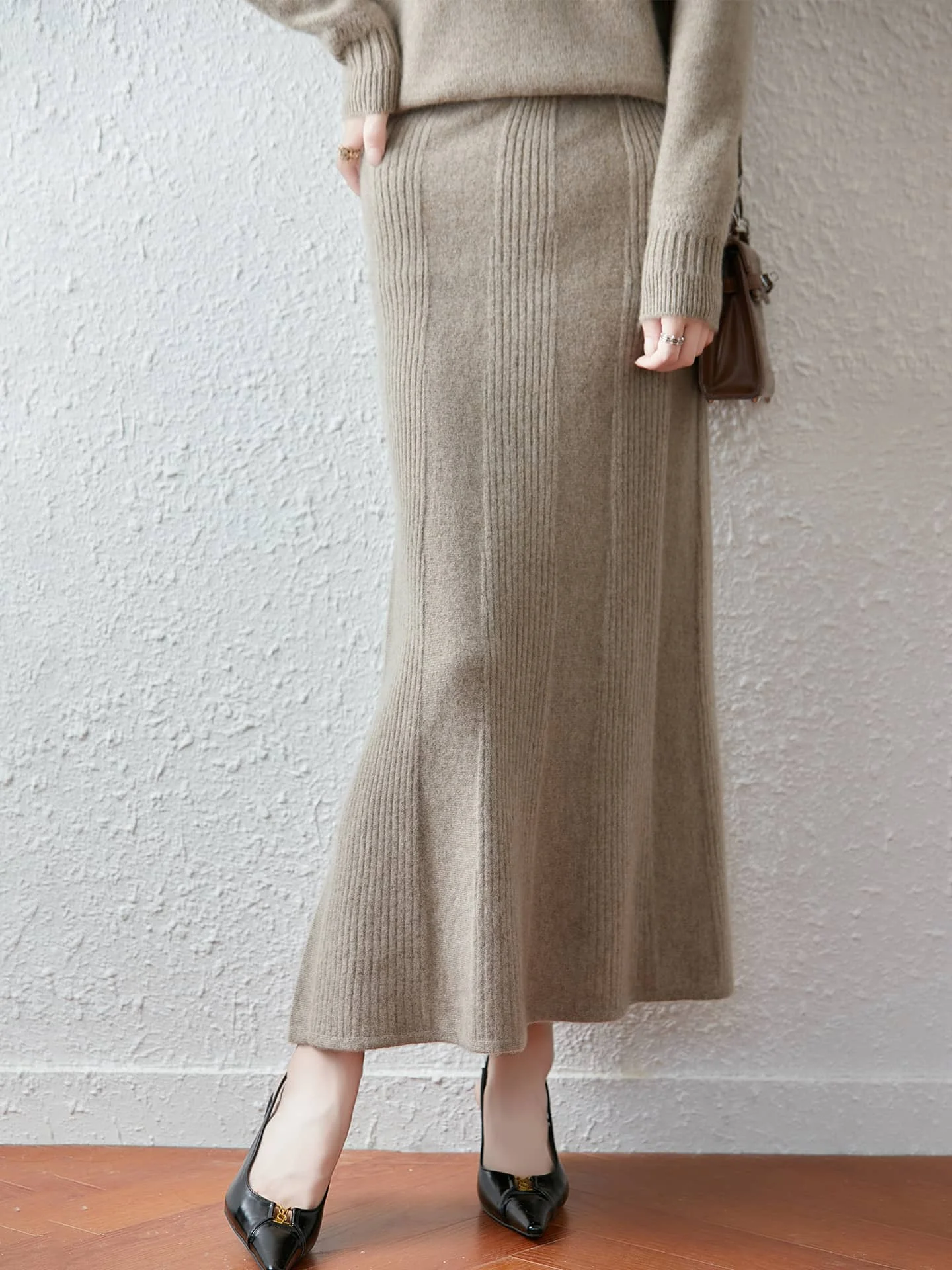 Women Knit Skirt 100% Merino Wool Autumn Winter Warm A-Line Midi Skirt High Waist Pleated Long Skirt Elegant Office Lady
