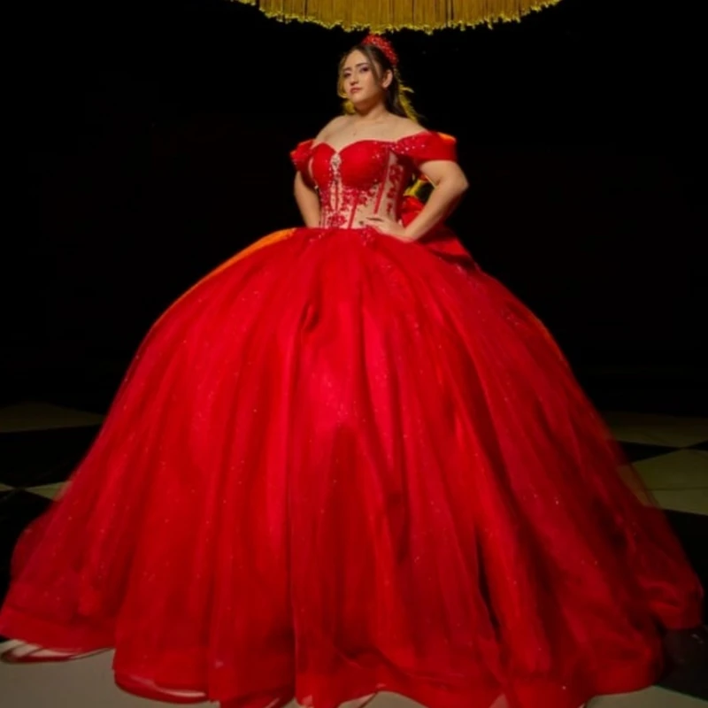 

Red Quinceanera Dresses Off The Shoulder Applique Lace Beading Crystal Bow Tull Party Birthday Sweet 16 Dress Vestidos 15 De