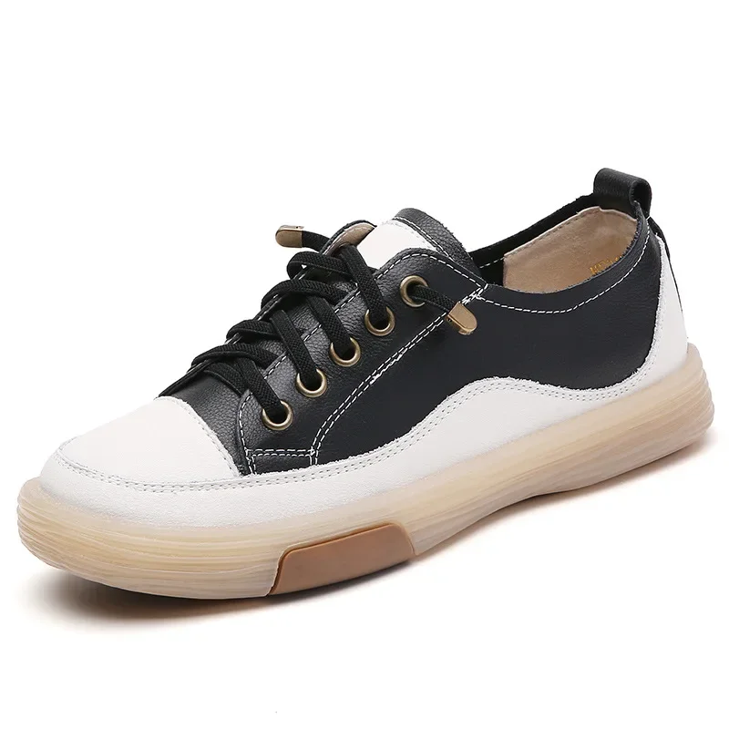 Genuine Leather Women Soft Sole Walking Shoes Girl Student Jooging Sneaker White Black Flats Female Casual Skate Trainers Summer image 6