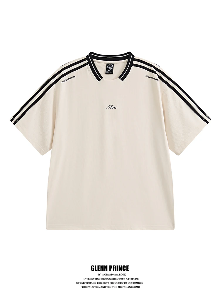 

Quick Dry American Retro Color Block Three Stripe Men's T-Shirt Summer Street Sports Casual Short Sleeve Printed Polyester Fiber