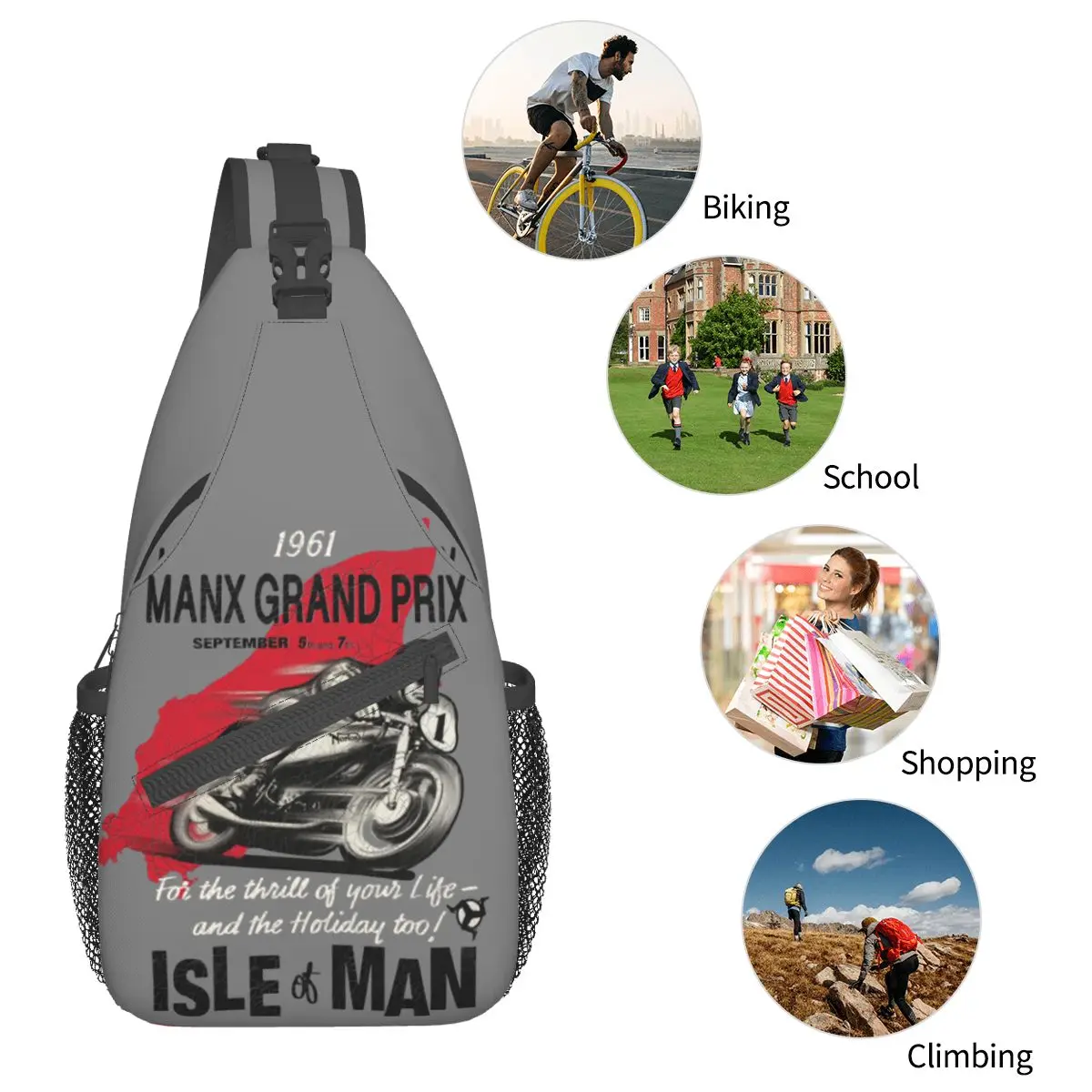 Races Isle Of Man Crossbody Sling Bag Small Chest Bag Vintage Motorcycle Shoulder Backpack Daypack Travel Hiking Biking Satchel