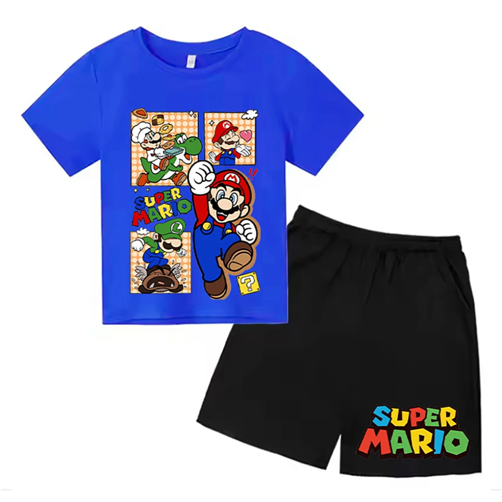 

Mario 2d printed T-shirt suit 2-12 years old boys and girls two-piece casual sports round neck short-sleeved shorts