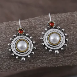 New Vintage Round Pearl Disc Earrings Temperament Classical Middle Ancient Style Earrings Palace Vintage Women's Earrings Women