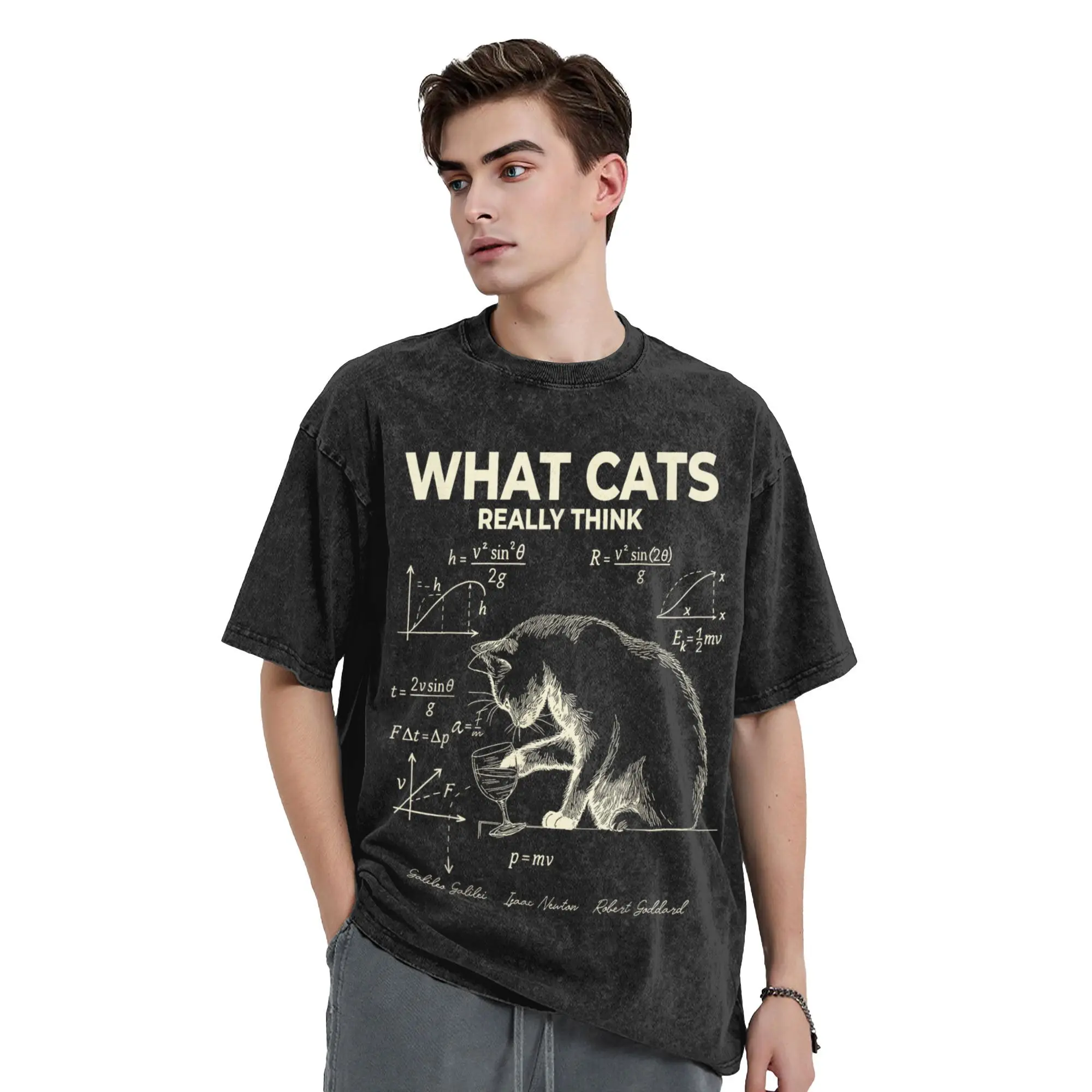 مضحك العلوم الفيزياء القط ميمي ما القطط حقا فكر الرجال تي شيرت غسلها تي شيرت قصيرة الأكمام س الرقبة تي شيرت القطن هدية القمم