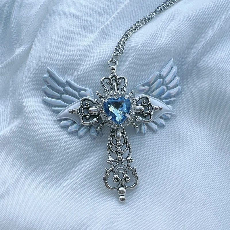 Fashion Goth Sexy Accessories Wings Cross Pendant Necklace For Women Heart Crystal Choker Punk Charm Necklace Jewelry Accessory