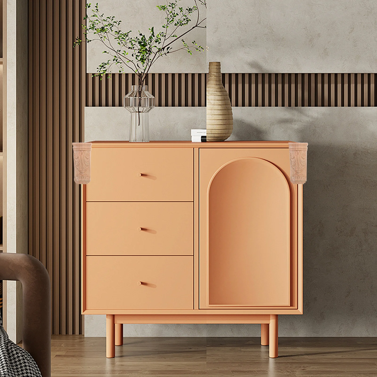 2 Stück römische Säulen aus Holz mit geschnitzten Holzaufklebern für die Tür, dekorative Konsolen, Eck-Onlay-Applikationen, unlackierte Holzschnitzerei