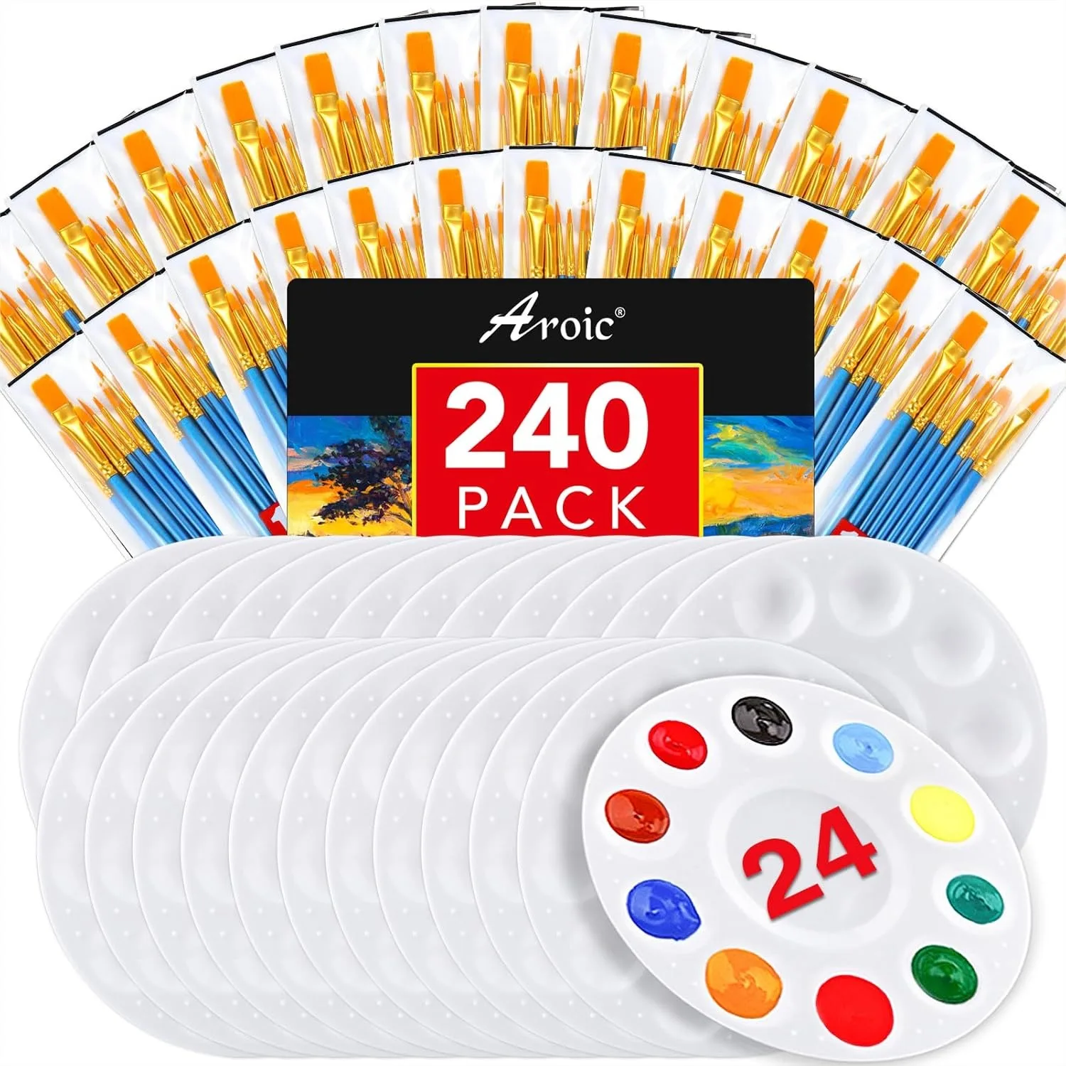 

24 Pack Paint Brushes & 24 Palettes Set for Acrylic Oil Watercolor Face Painting Art Supplies with 10 Sizes