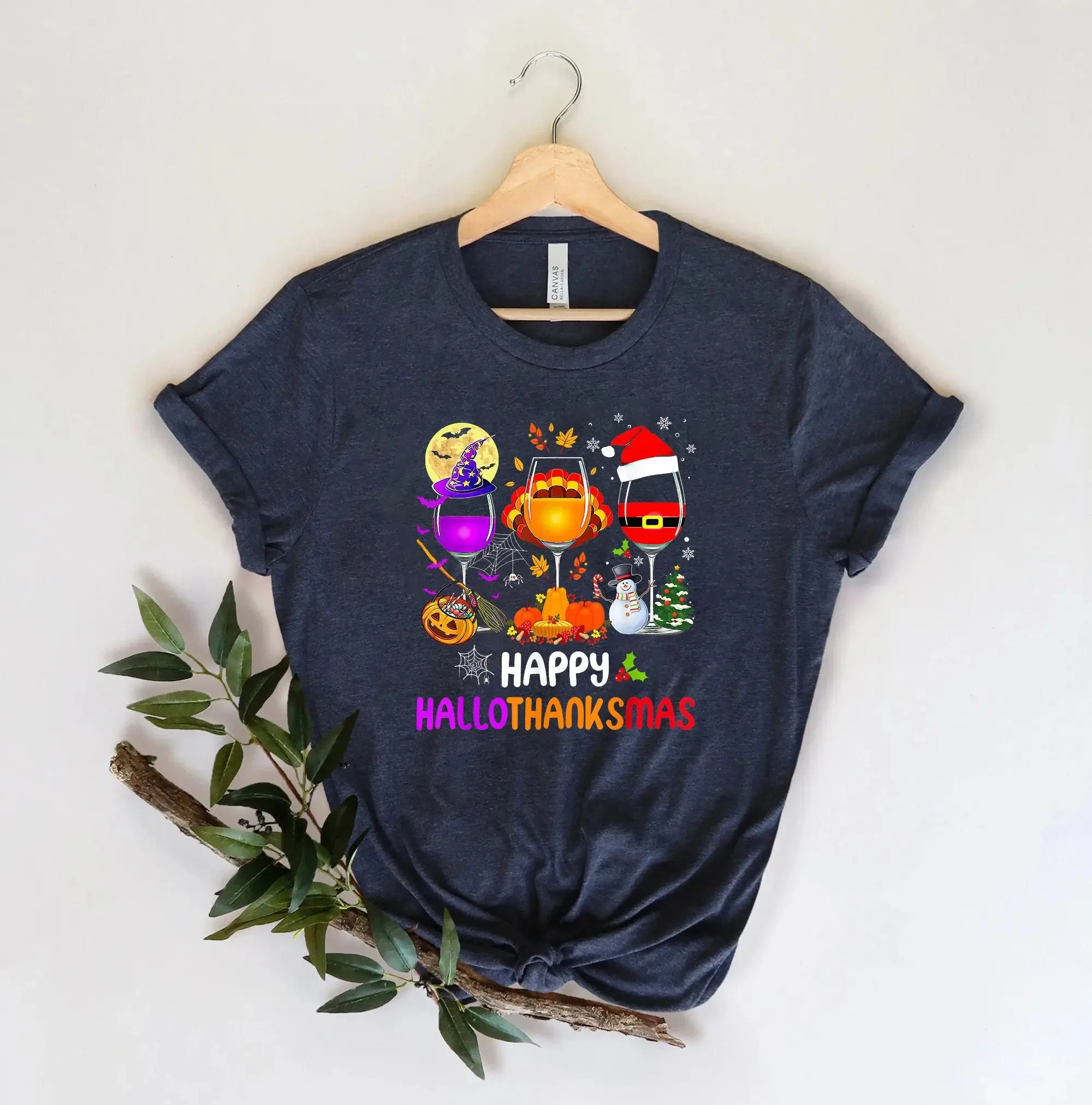 Happy Hallothanksmas Wine T Shirt Cute Drinking Funny Festival Women Christmas Thanksgiving Halloween