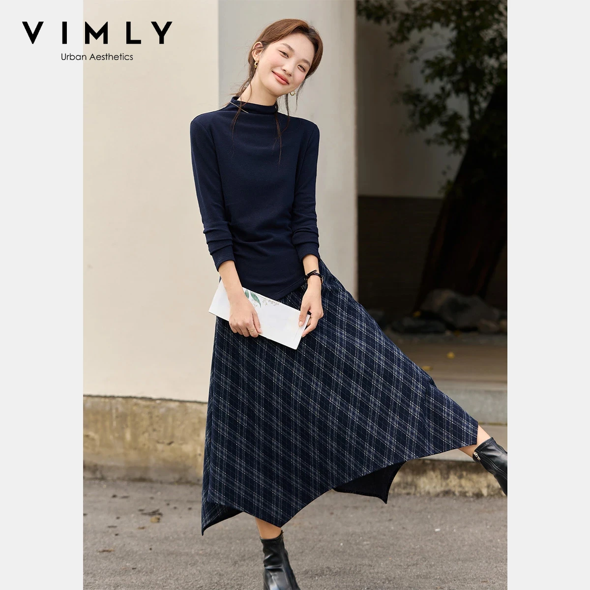 VIMLY deux pièces jupe ensemble femmes décontracté hiver 2025 col montant tricoté plis hauts asymétrique jupe à carreaux dame jupe costumes A3337