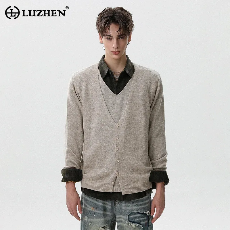 

LUZHEN двухслойный искусственный двухсекционный дизайн с v-образным вырезом, повседневный вязаный пуловер, мужской модный элегантный красивый осенний свитер JY4280