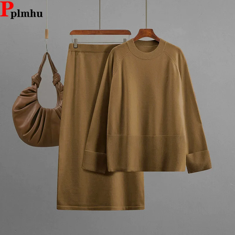 

Fall Winter Loose Knit 2 Piece Sets Women O-neck Long Sleeve Solid Sweater Tops Conjuntos Elastic Waist Straight Skirts Outfit