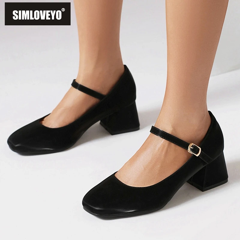 SIMLOVEYO Design Office Lady Pumps Toe Block Heels 5cm Buckle Strap 44 45 46 47 Soft Daily Women Shoes