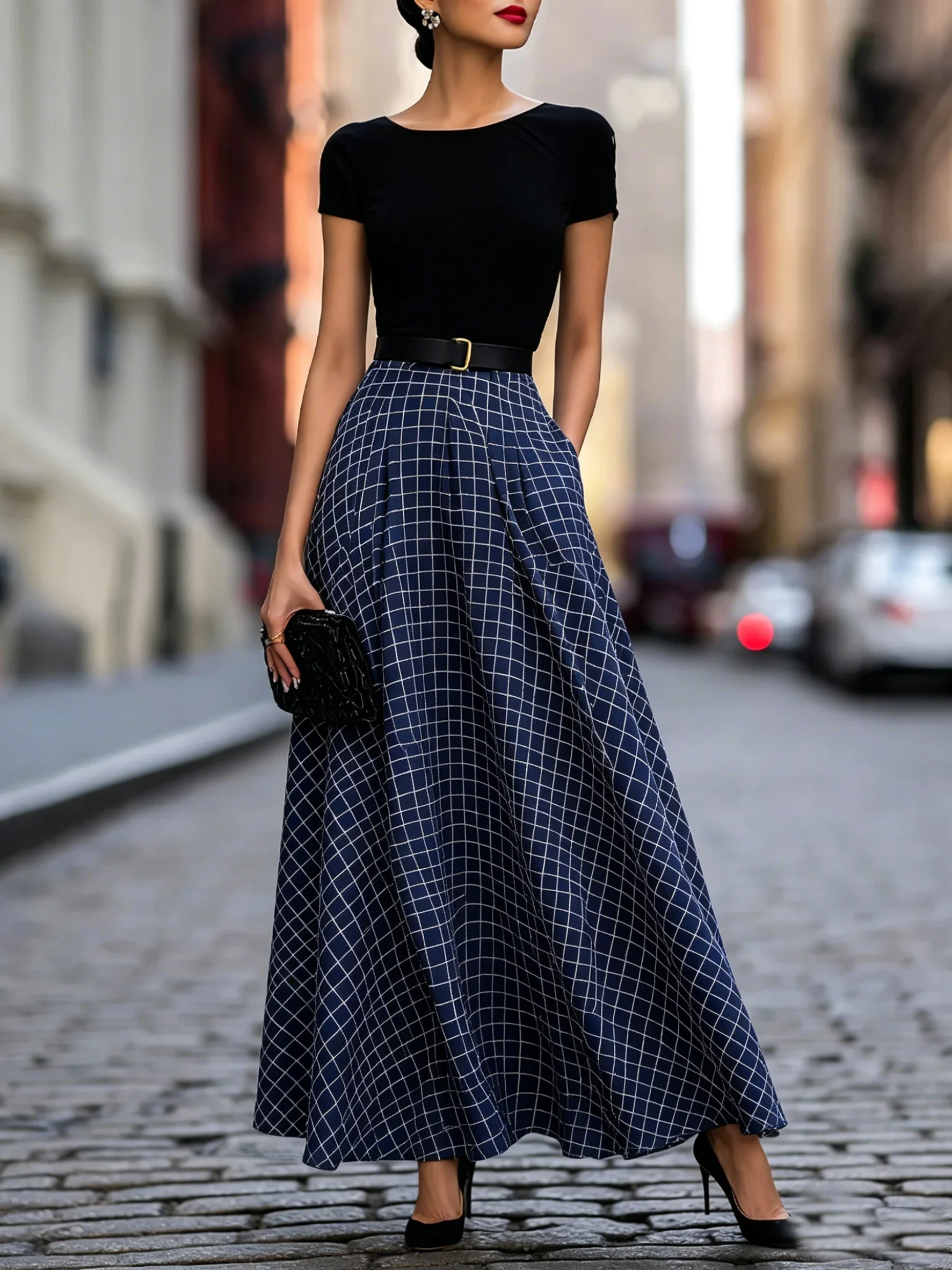 

Women's Blue Check Maxi Dress Short Sleeve High Waist Slim Elegant A-Line Versatile Summer 2026 Casual Dress