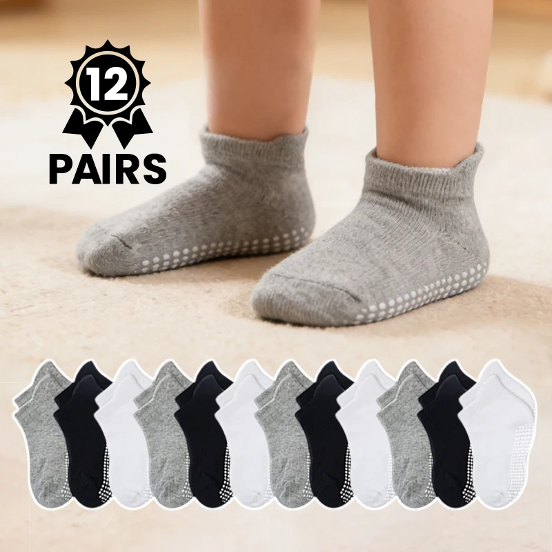 12-Pair Black, White, and Gray Basic Non-Slip Glue Dot Socks for Toddlers, Suitable for All Seasons