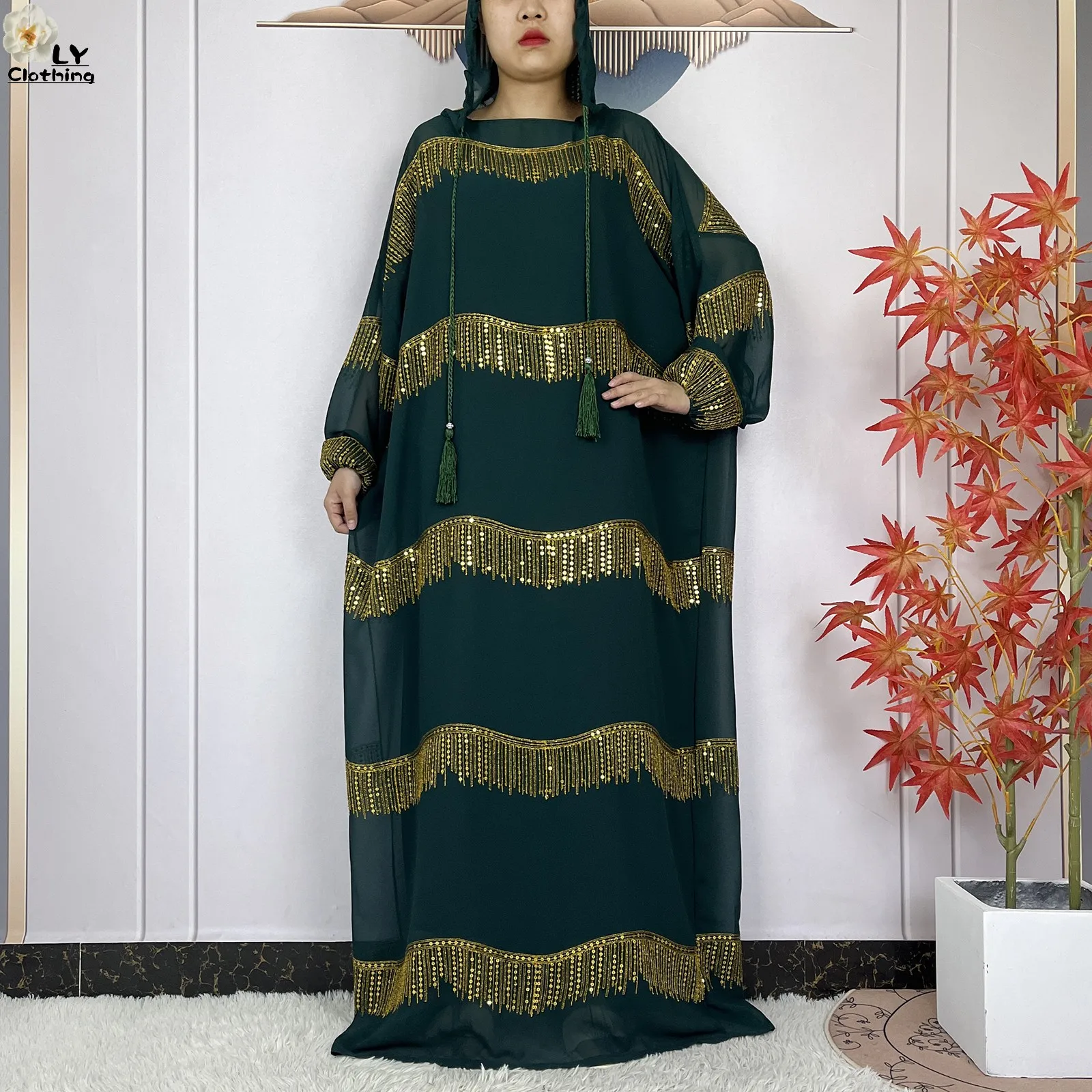 2024 Muslim Abayas For Women Prayer Garment Ramadan Chiffon Sequin Loose Long Sleeved Boubou Maxi Islam Femme Robe With Hooded