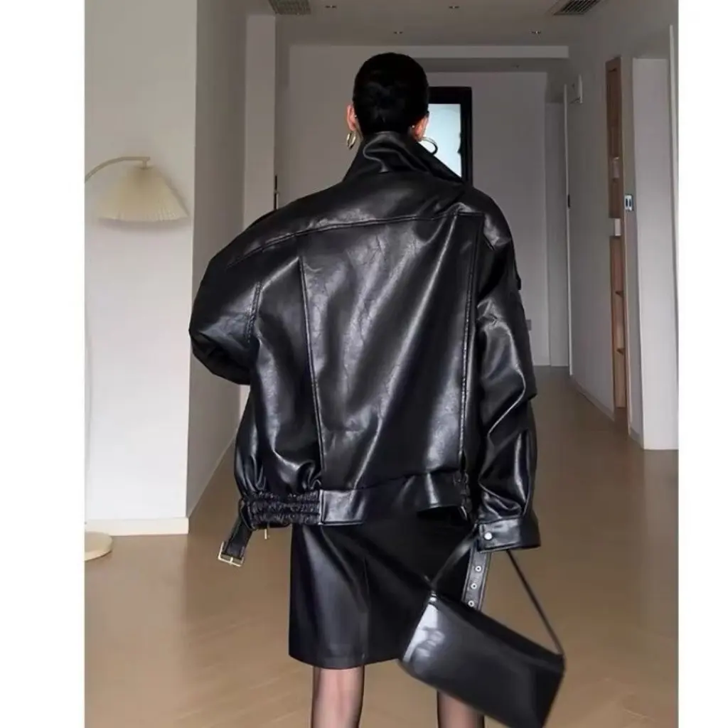 Damenmantel aus braunem Leder im Used-Look, amerikanischer Retro-Stil, High Sense Street Accent, Herbstmode-Oberbekleidung