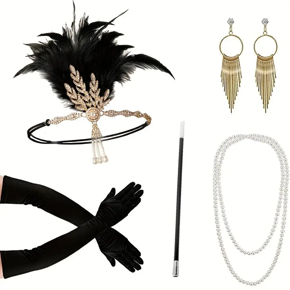 1920s Roaring Twenties Gatsby Party Accessories: Feather Headpieces, Pearl Necklaces, Gloves, and Cigarette Holders