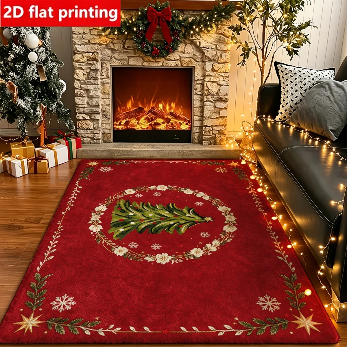 1pc 2D Flat Wreath Christmas Tree Snowflake Printed Floor Mat, Decorative Rug for Living Room, Bedroom, Home