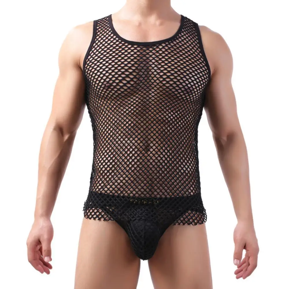 Men\'s Tank Tops Transparent Big Mesh Sleeveless Singlet Summer Breathable Fashion Undershirt Sexy Fishnet Vests