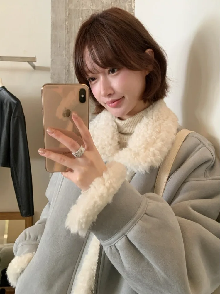 Coreano sle feminino thiened quente gola de pele de cordeiro entrado casaco de couro inverno elegância longo zíper ort outerwear