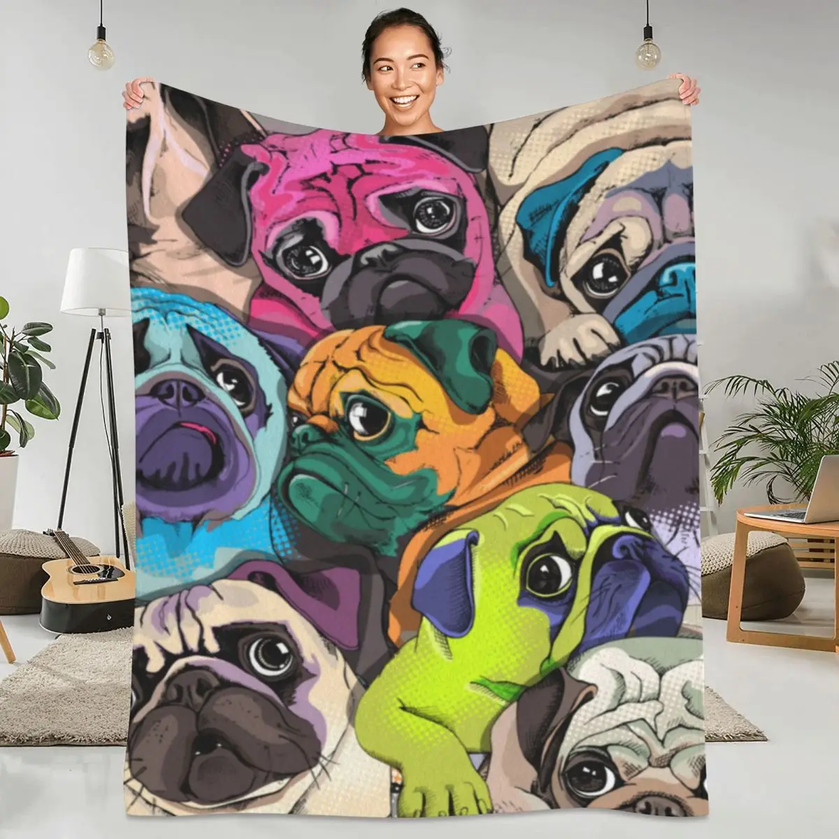 

Super Soft Blanket Travelling Colorful Pug Dogs Throw Blanket Portrait Flannel Bedspread Couch Bed Funny Sofa Bed Cover