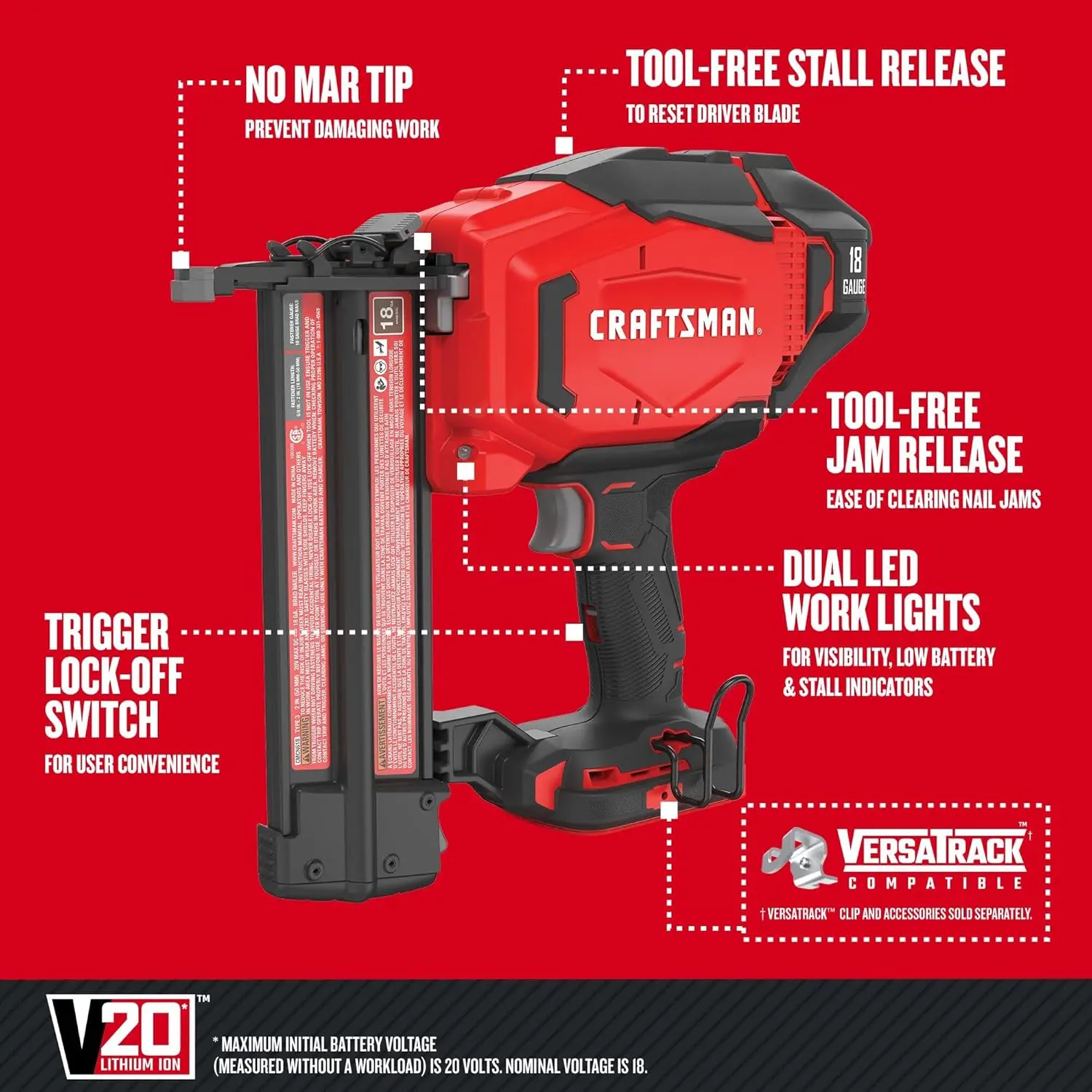 Imagem -02 - Brad Cordless Nailer 18ga Apenas Ferramenta Desencapada Cmcn618b V20