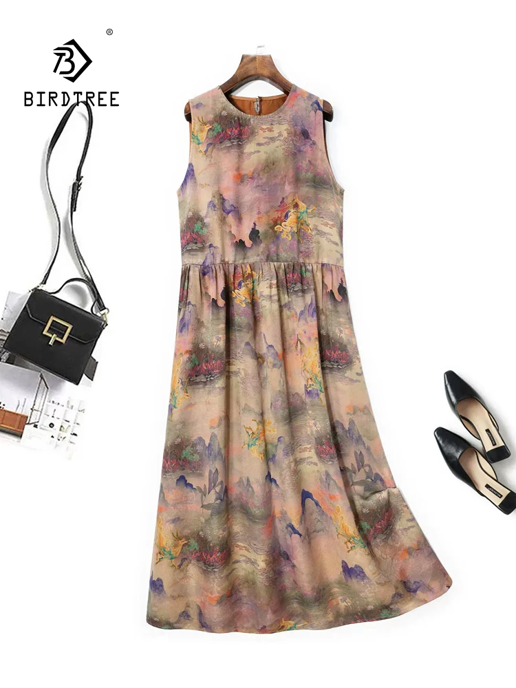 

BirdTree, 32MM Real Silk XiangYunSha Elegant Dresses, Women O Neck Sleeveless Printed, Retro Loose Dress, 2024 Summer D44039QC