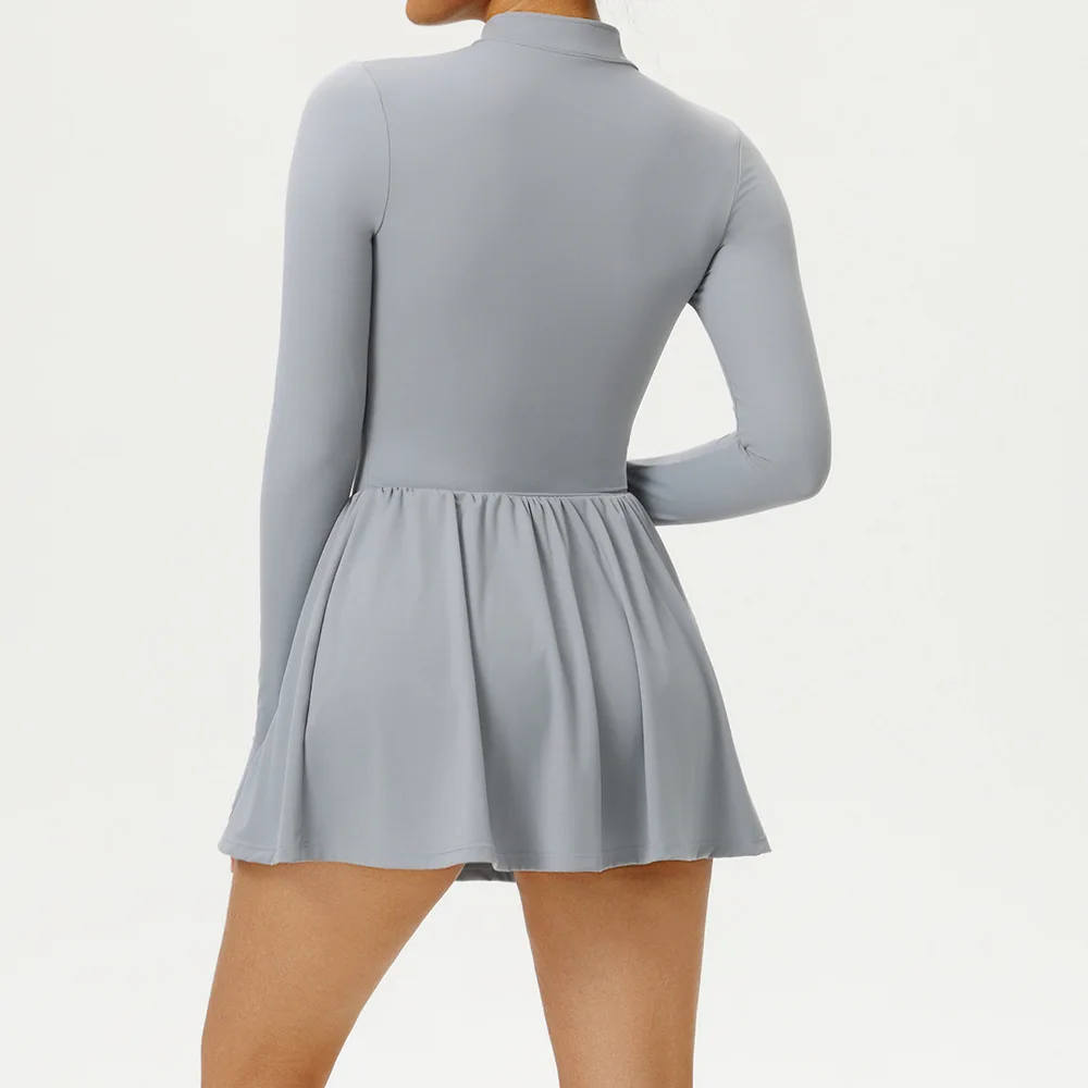 Women Tennis Yoga Dress Solid Color 2 In 1 Pocket Running Skirt Long Sleeve Workout Clothes Female Breathable Sportswear