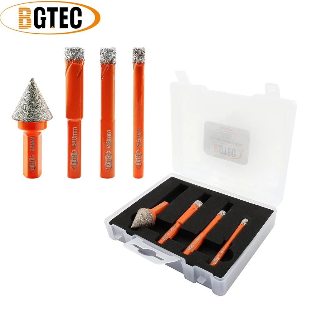 BGTEC 4pcs Diamond Drill Bits Diamond Chamfer Set Box Drilling Bevelling Tile Marble Round Shank Milling Porcelain Hole Opener