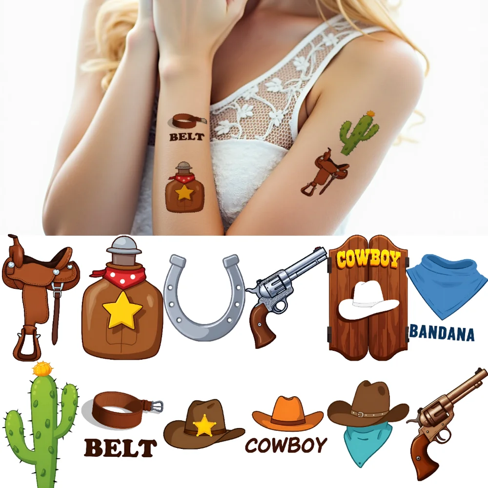 

63pcs Temporary Tattoo Cowboy Stickers Waterproof Long-lasting Body Stickers Western Decals Cartoon West Cowboy For Children