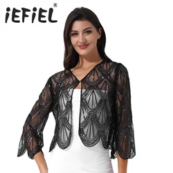 Women Adult Wedding Party Shrug 3/4 Sleeve Lace-up Short Outwear Hollow Out Lace Thin Coat Casual Open Front Cropped Bolero Tops