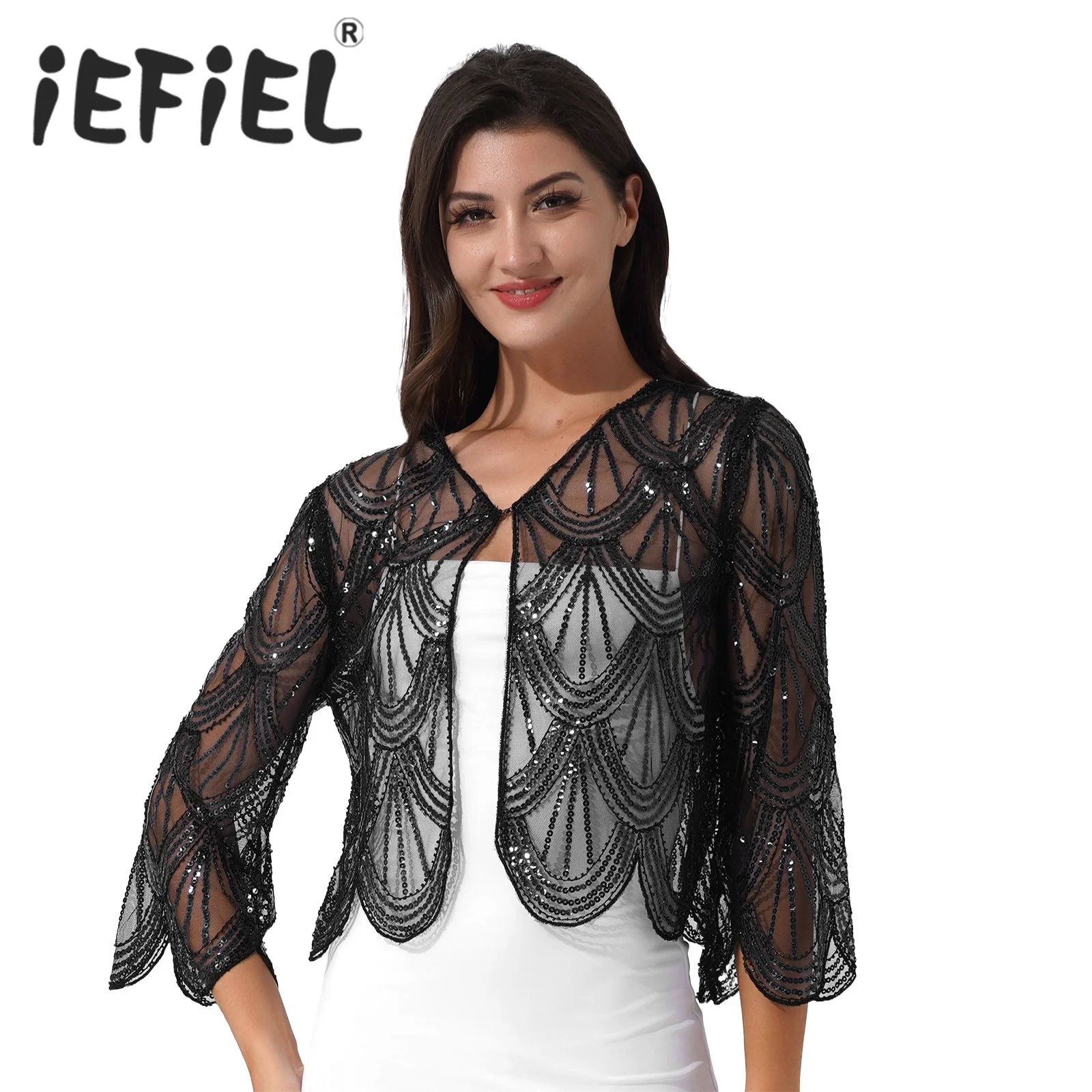 Women Adult Wedding Party Shrug 3/4 Sleeve Lace-up Short Outwear Hollow Out Lace Thin Coat Casual Open Front Cropped Bolero Tops