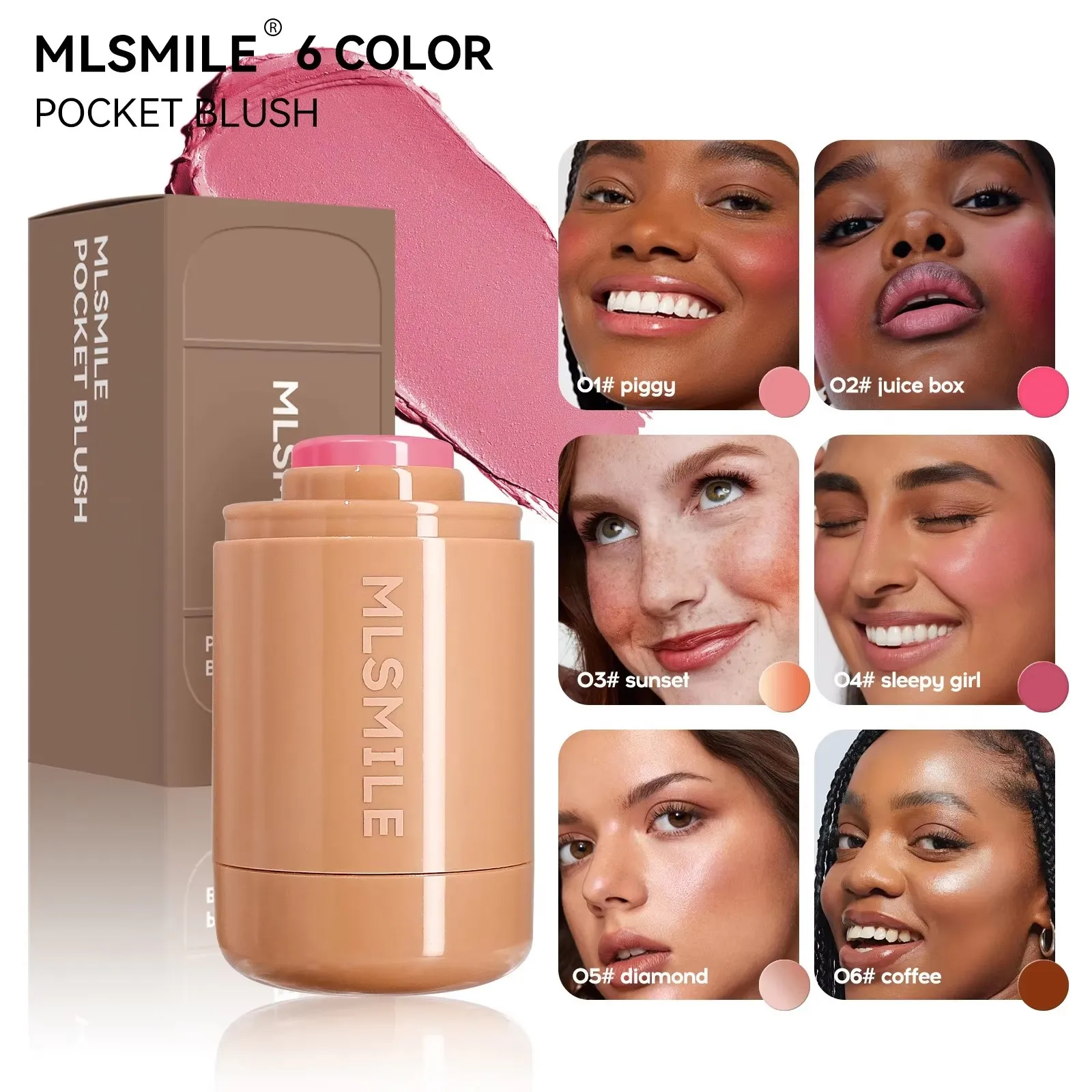 

6 Colors Blush Stick 3-in-1 Smooth Brightening Facial Blusher Long-lasting Highlight Natural Blush Cream Contour Makeup.