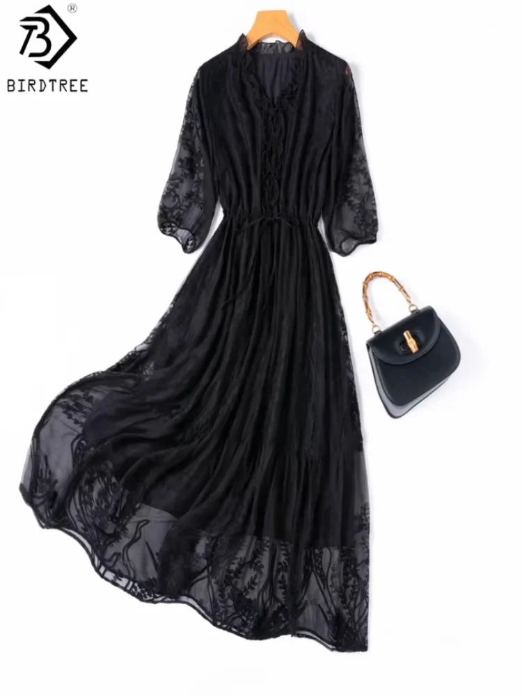 BirdTree, 100% Seiden-Stickerei Schwarzes Kleid, Rüschenkragen, Damen Georgette Doppellagiges Elegantes Kleid, 2026 Sommer Neu D64530JF