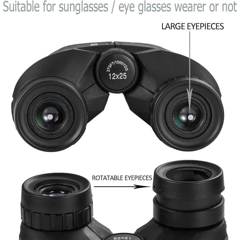 منظار مدمج 12 × 25 للبالغين والأطفال، عدسة كبيرة مقاومة للماء، تركيز سهل عالي الطاقة لمشاهدة الطيور، في الهواء الطلق