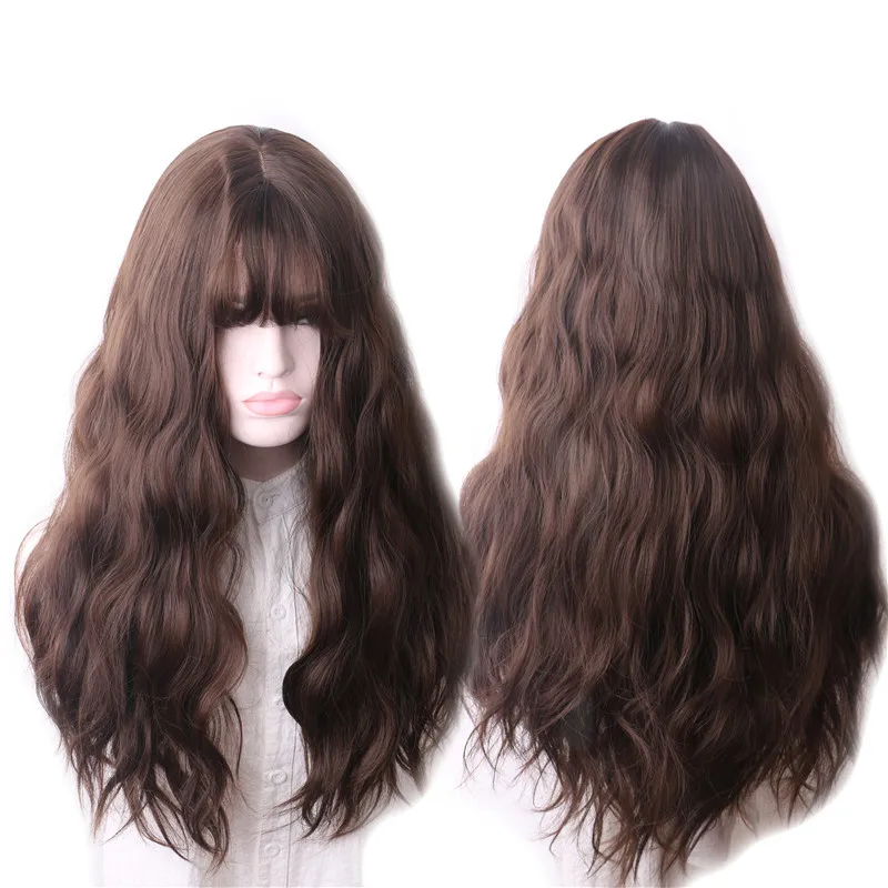 

Европейский и американский стиль, темно-коричневый кукурузный шелковый парик, длинные волосы, большие волны, челка, комплект париков, вьющиеся волосы, женский парик