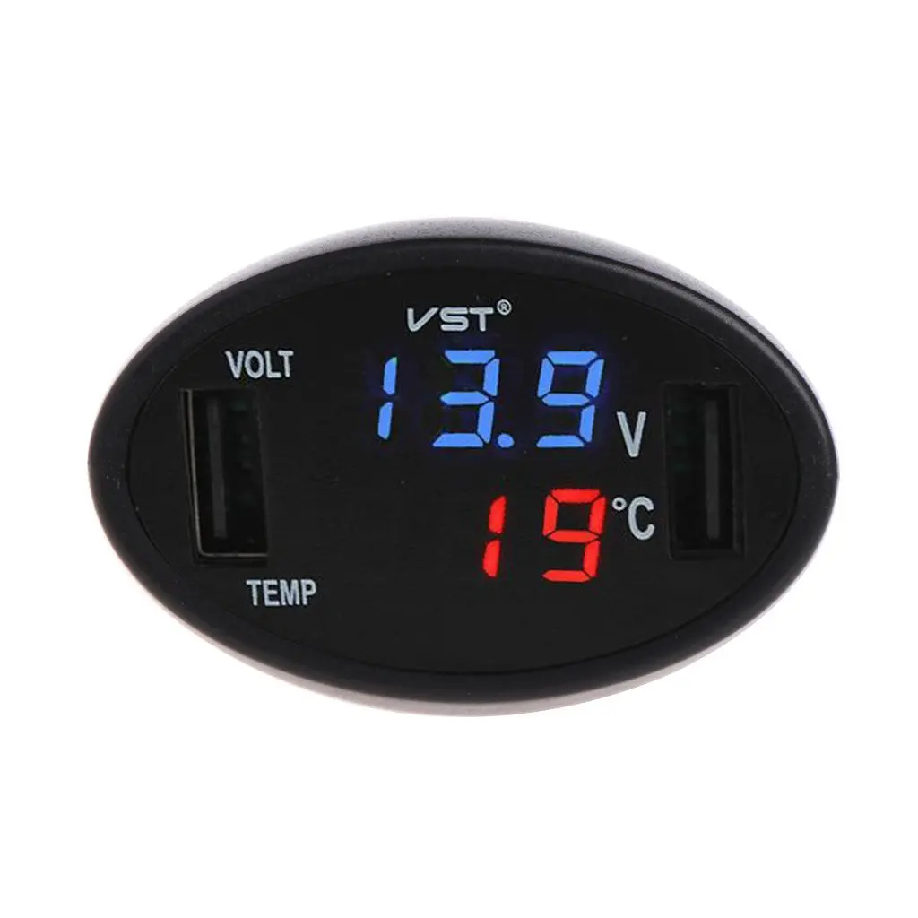 Car Digital LED Thermometer Voltmeter Auto Dual USB Charger Battery Monitor Temperature Gauge