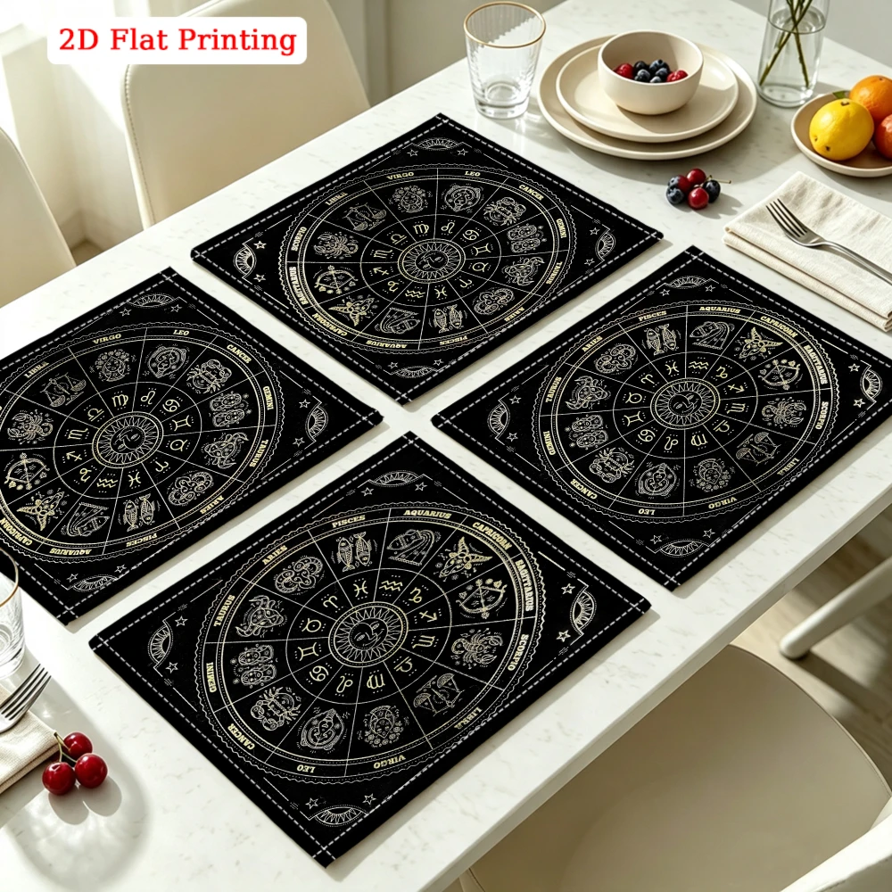 2Pcs Zodiac Sign Placemat Black Astrology Wheel Print Table Mat Kitchen Dining Decor Non Slip Heat Resistant Pad 30X40Cm