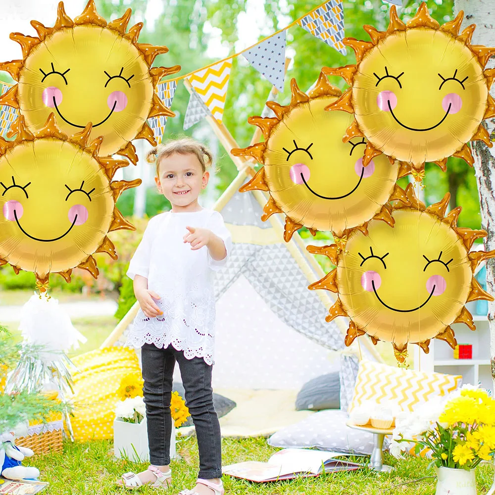 5Pcs 26Inch Smile Face Sun Balloons for Party Mylar Sunshine Balloons Summer Balloons for Sunshine First Birthday Decorations