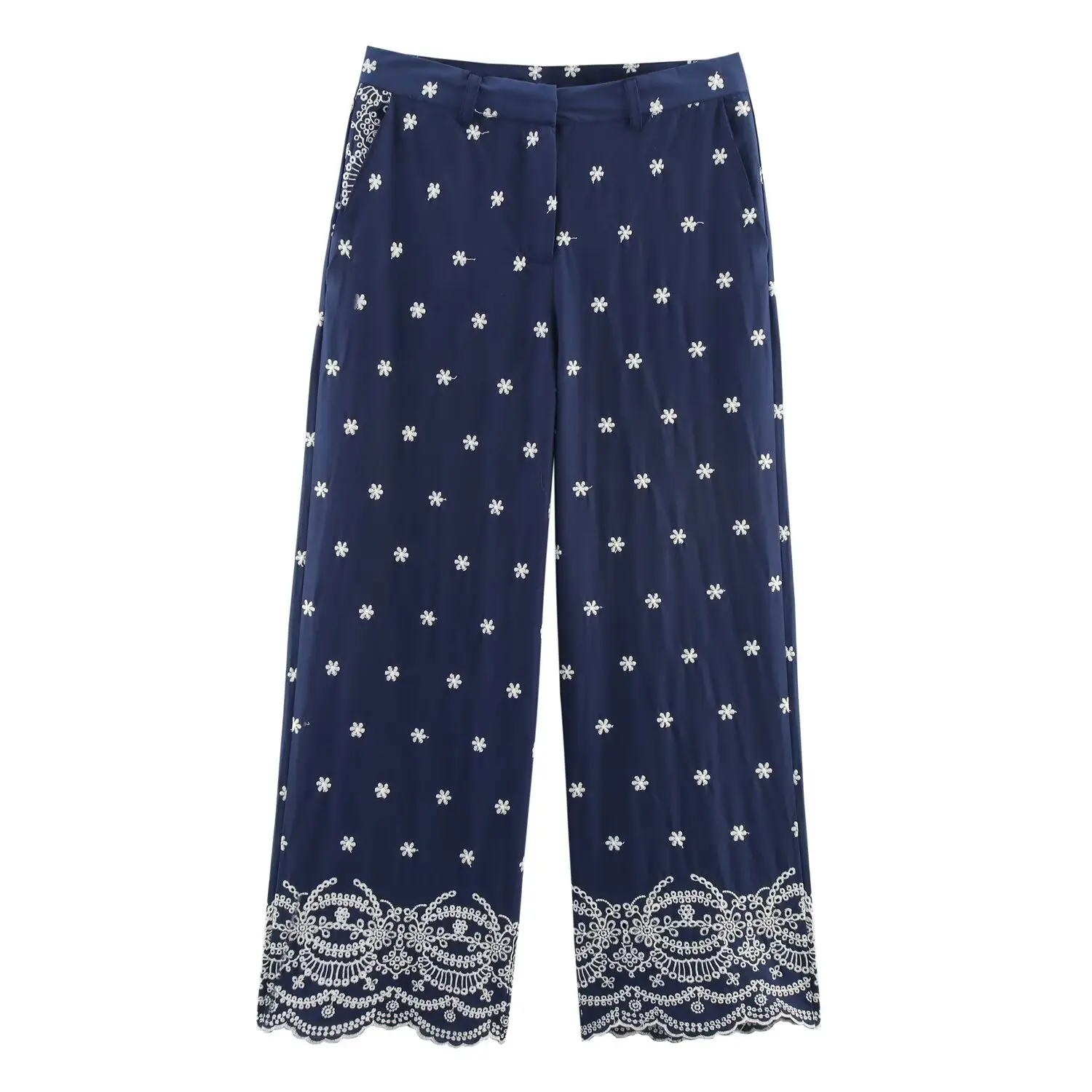 Maxdutti French Bohemian Flower Embroidery Navy Blue Casual Cropped Pants Summer Ethnic Cotton Wide-leg Pants For Women