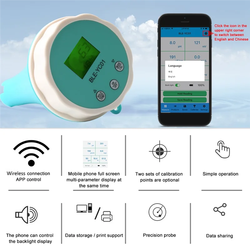 

AB33-1 PCS Smart Online Bluetooth Water Chlorine Meter PH Meter Powered Tool 6 In1 Fit For Swimming Pool