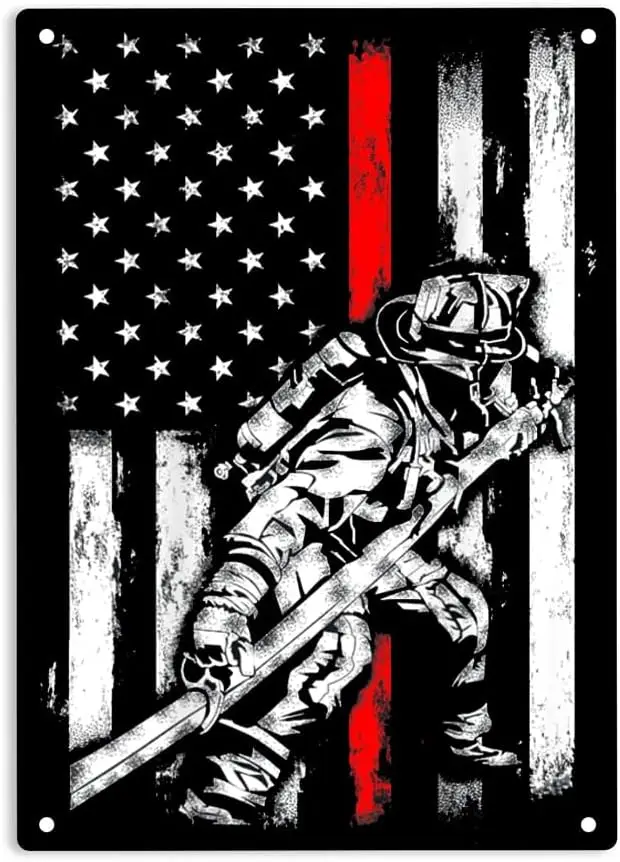 Patriotic Fireman American Flag Sign Metal Tin Sign, Thin Red Line Firefighter Poster for Home Office Garden Bars Pub Man Cave W