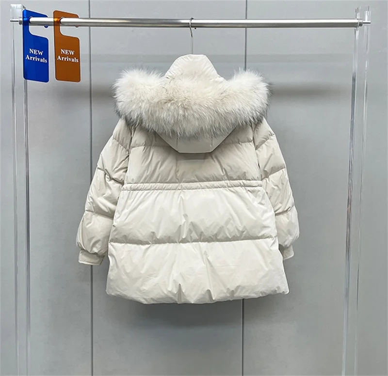 New Natural Real Raccoon Fur Collar Hooded Winter Women White Duck Down Jacket Female Warm Coat Outerwear