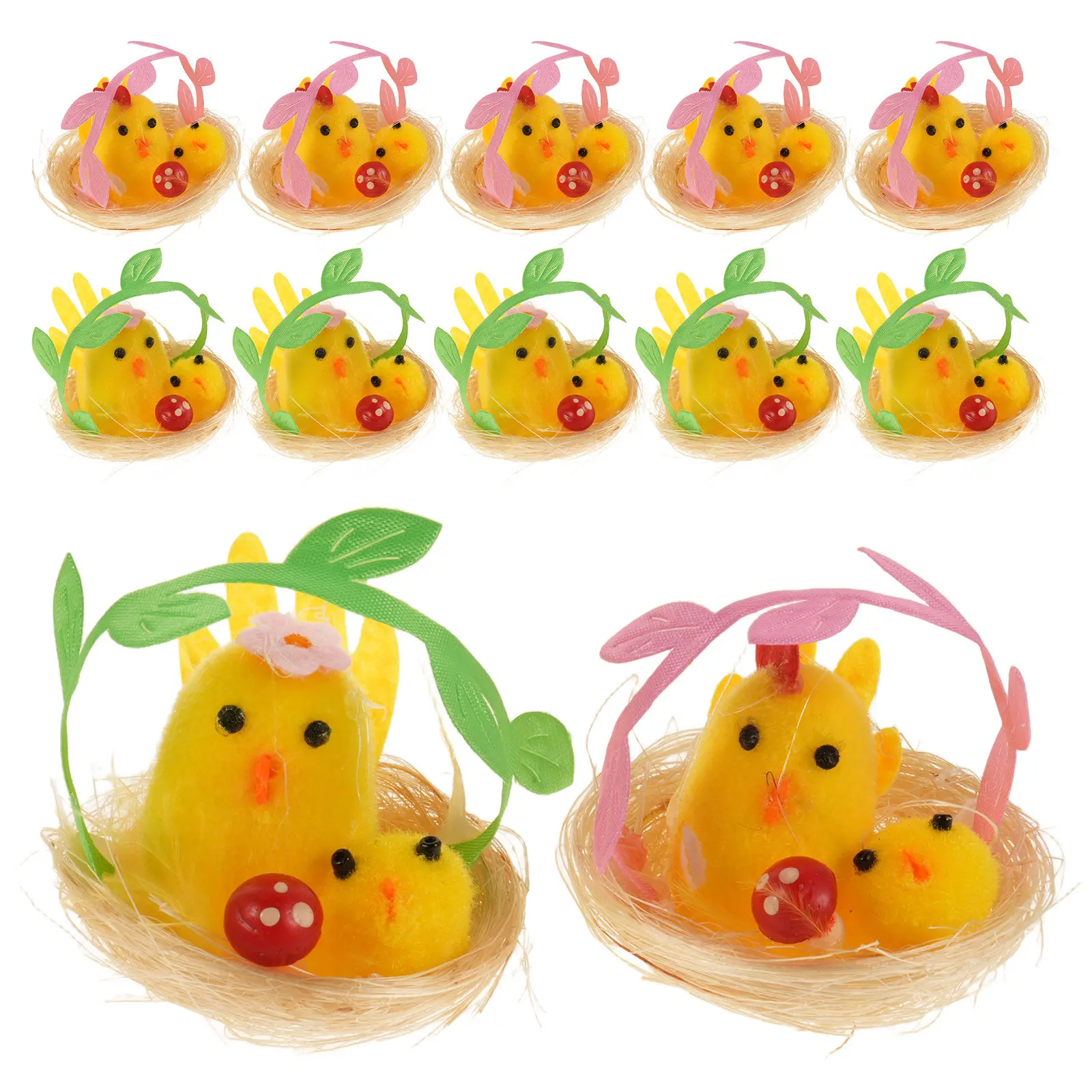 

12 шт. пасхальных украшений: миниатюрные желтые цыплята, искусственные птичьи гнезда для пасхальной вечеринки, декор для стола, наполнители для корзин, поделки своими руками