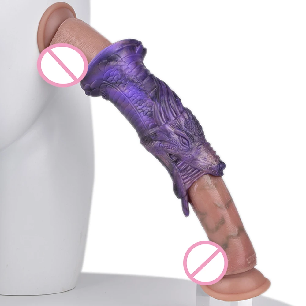 GEEBA Silicone Hollow Animal Dragon Dildo Sleeve Penis Enlargement Thickening Device Vaginal Stimulate Penis Massage Sex Toys