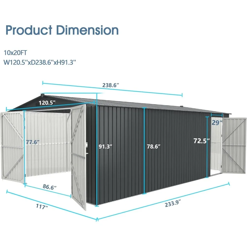 20 x 10 FT Outdoor Storage Shed with 2 Lockable Doors, 4 Air Vents, Large Metal Garden Sheds, Outdoor Tool Storage Shed