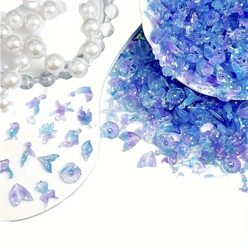 50pcs GLOW-in-the-Dark MINI Ocean Charms ชุดเปลือกหอยเงา,ปลาดาว Mermaid หางสําหรับเล็บ, โทรศัพท์กรณีเครื่องประดับ Crafting