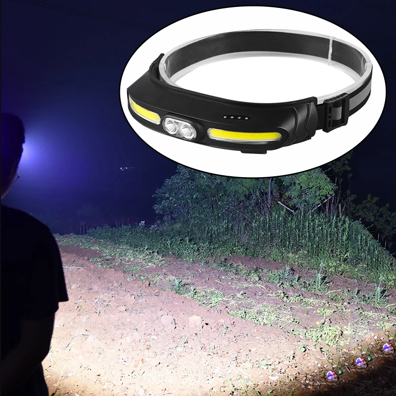 COB Headlamp Fishing Headlight 5 Lighting Modes Flashlight USB Rechargeable Head Light Outdoor Camping Portable Working Light