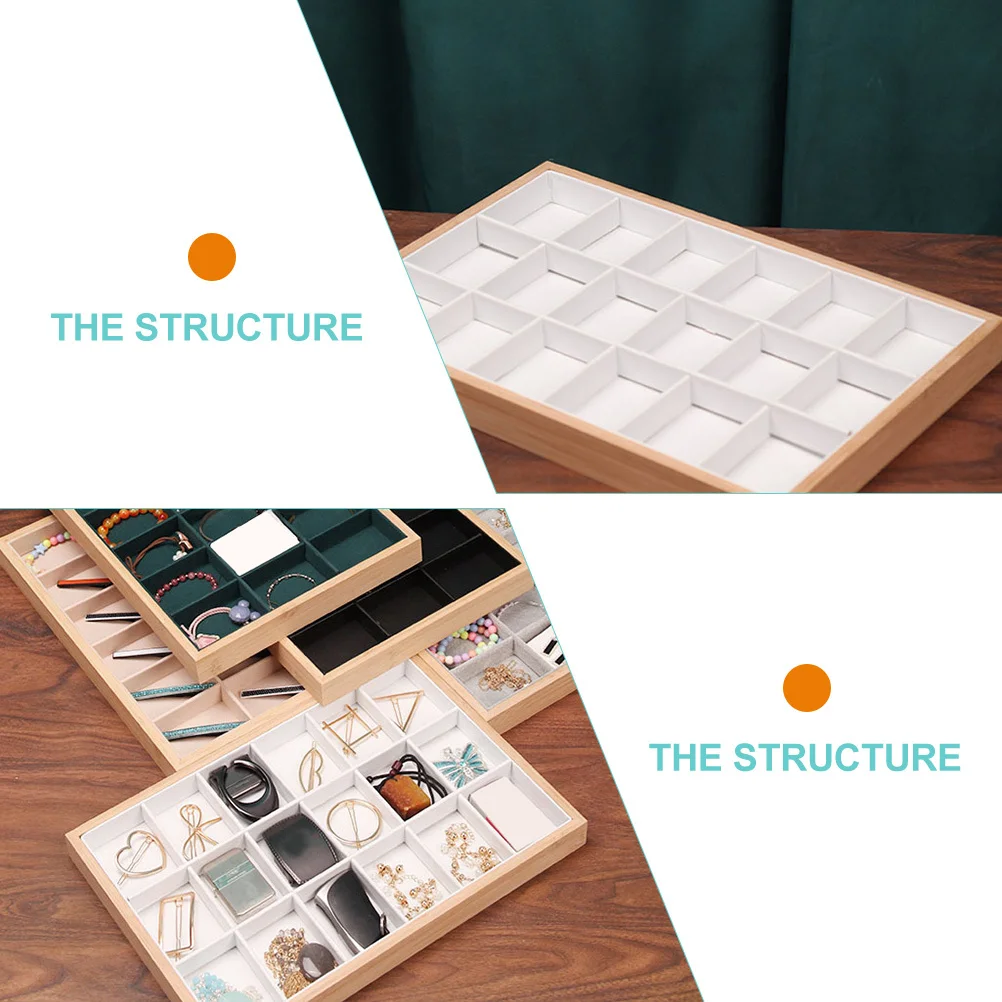 18 Grids Bamboo Wood Jewelry Tray Jewelry Drawer Organizer For Rings Earrings Necklaces Keys Lipsticks Cards Desktop Storage Box